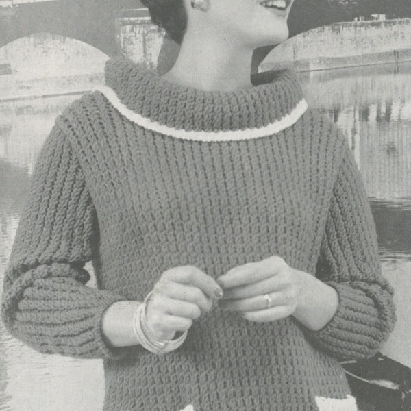 Women's Knitted Rolled Collar Sweater with Pockets - Vintage Knitting Pattern from the 1950s - PDF Download