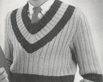 Boy's Knitted V-Neck Sweater - Vintage Knitting Pattern from the 1950s - PDF Download