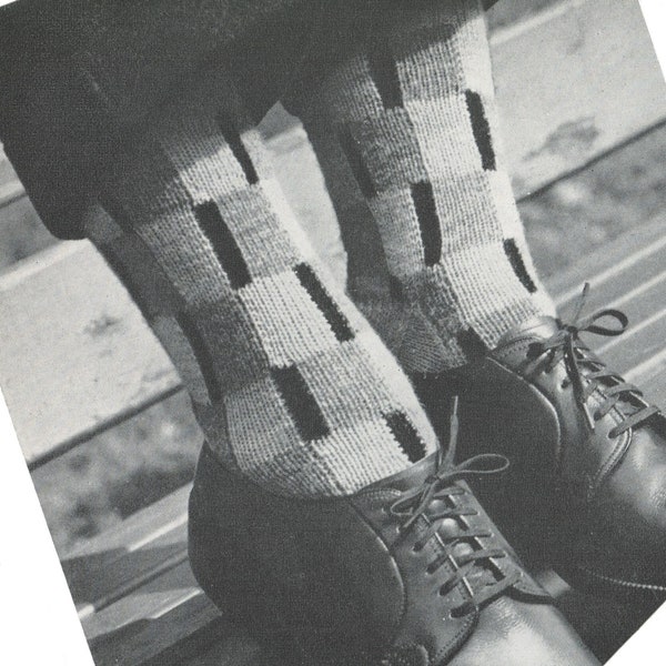 Men's Knitted Checkerboard Pattern Socks - Vintage Knitting Pattern from the 1950s - PDF Download