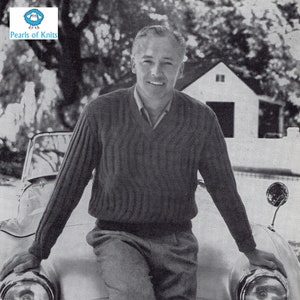 Men&#39;s V-neck Ribbed Sweater - Vintage Knitting Pattern - PDF Download