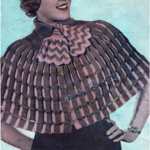Knitted two-tone ribbed cape and crochet tassel hat - Retro woman French knitting pattern, vintage knitting pattern in French only