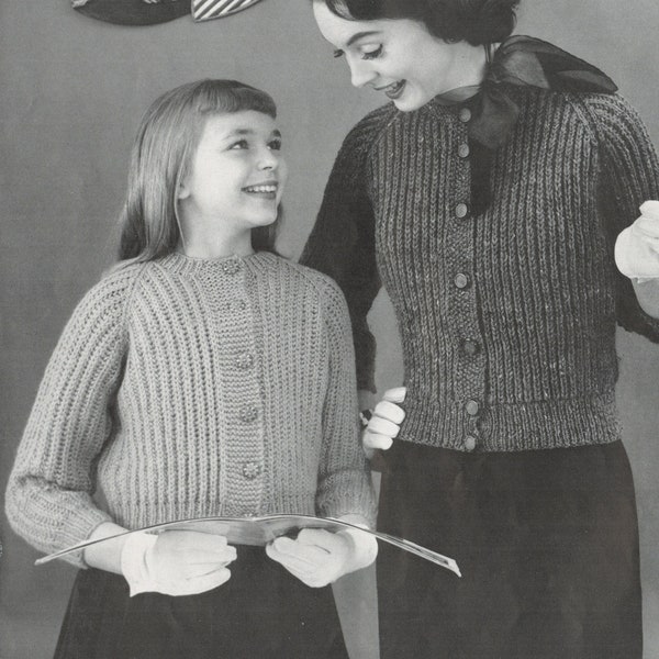Ensemble mère et fille cardigans à boutons à tricoter - Ensemble gilets assortis des années 50 - Téléchargement instantané