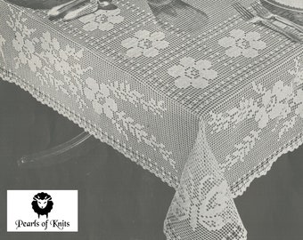 Crochet Filet Tablecloth with Flowers - Vintage Crochet Pattern from the 1930s - PDF Download