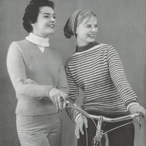 Women&#39;s Knitted Turtle Neck Sweater - Women&#39;s Knitted Striped Sweater - Vintage Knitting Pattern from the 1950s - PDF Download