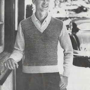 Men&#39;s V-Neck Knitted Sweater - Vintage Knitting Pattern from the 1950s - PDF Download
