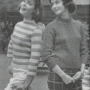 SET Girl&#39;s or Women&#39;s Striped Sweater and Cable Pullover - Vintage Knitting Pattern from the 1960s - PDF Download