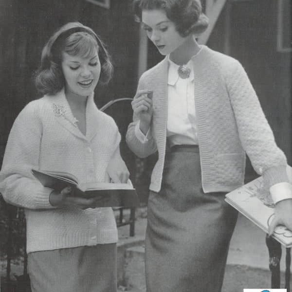 Veste pull à col ouvert en tricot- Veste élégante à col montant en tricot pour jeune femme - Patron de tricot rétro des années 60 PDF