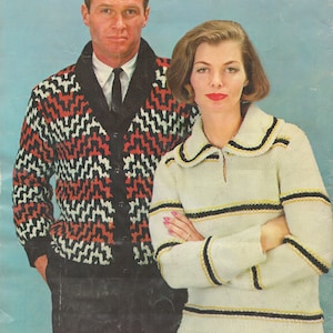 Women&#39;s Knitted Striped Sweater - Men&#39;s Knitted Striped Cardigan - Vintage Knitting Pattern from the 1960s - PDF Download