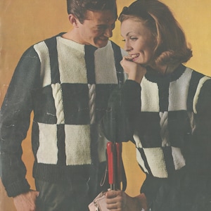 Men&#39;s Knitted Checkered Sweater - Women&#39;s Knitted Checkered Sweater - Vintage Knitting Pattern from the 1960s - PDF Download