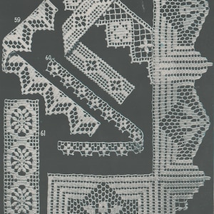 May include: A collection of crochet lace patterns, numbered 56 to 61, with a variety of geometric and floral designs. The patterns are shown on a dark background.