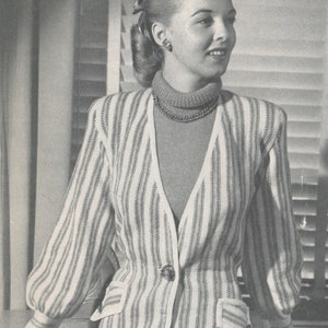 May include: A striped cardigan with a button closure and pockets. The cardigan is knit in a white and gray yarn.