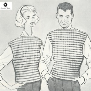 May include: A black and white illustration of two people wearing sleeveless sweaters with a striped pattern. The sweaters have a crew neck and are worn over a white shirt.