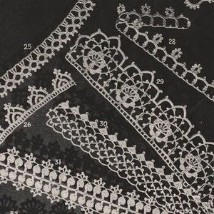 May include: A collection of 10 crochet lace edging patterns numbered 25 through 32. The patterns are shown on a black background.
