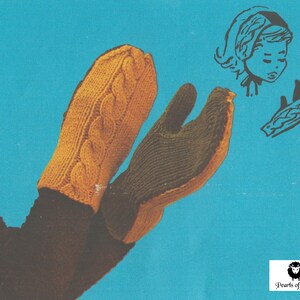 May include: Mustard yellow and olive green knitted mittens with a cable knit pattern. The image also features a drawing of a girl and a mitten, and the logo "Pearls of Knits".
