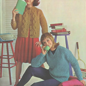 Women&#39;s Knitted V-Neck Sweater - Women&#39;s Knitted Cardigan - Vintage Knitting Pattern from the 1960s - PDF Download