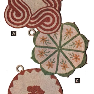 May include: Three crocheted pot holders with different designs. The first is a red and white swirl pattern, the second is a green and white floral design, and the third is a white and red design with a red flower in a brown pot.