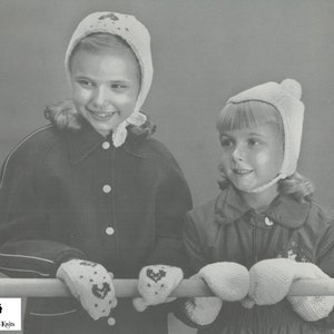 Girl&#39;s Knitted Pompon Cap and Mittens - Girl&#39;s Knitted Heart Cap and Mittens - Vintage Knitting Pattern from the 1960s - PDF Download
