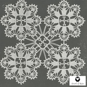 May include: A white crocheted lace doily with a four-pointed star design. The doily is made of delicate, intricate stitches and has a vintage look.