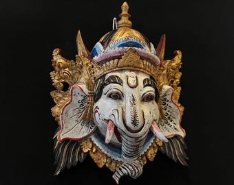 Antique Balinese Ganesha Wood Mask: Hand-Carved Wall Decor