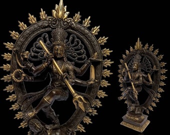 May include: A bronze statue of the Hindu deity Shiva in his Nataraja form, dancing on a demon. The statue is depicted in a circular frame with a gold finish. The statue is a traditional Hindu religious art piece.