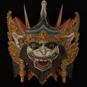 13&quot; Antique Hanuman Wooden Mask Balinese Mask Wood Carving Wall Mask Decor Wood Bali Barong Mask Wall Art Decor Home Decor