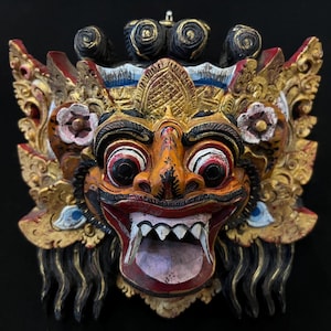 Vintage Balinees bommasker, handgesneden houten wanddecoratie