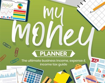 Może przedstawiać: Zielone tło z napisem "my money planner" w kolorze białym. Ostateczny przewodnik po dochodach, wydatkach i podatku dochodowym dla firm. Obraz zawiera laptop, kubek do kawy, kalkulator, notes, ołówek i inne artykuły biurowe.