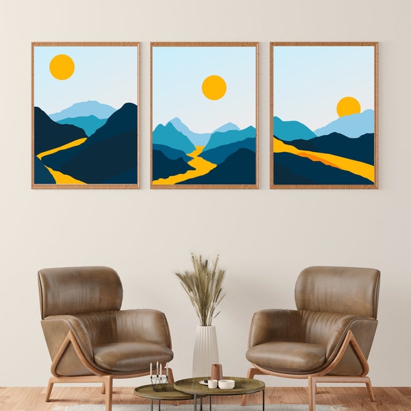 Mid century modern art print set of 3 landscape, Sun mountain Art print nature modern decor set of 3 prints scandinavian wall art, printable