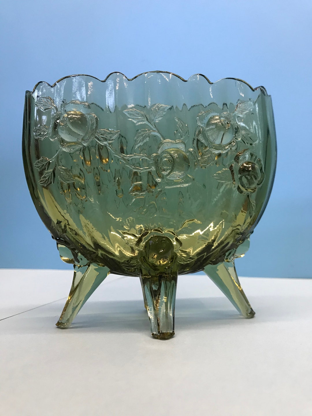 Vintage Fenton Green Glass Rose Vase Etsy