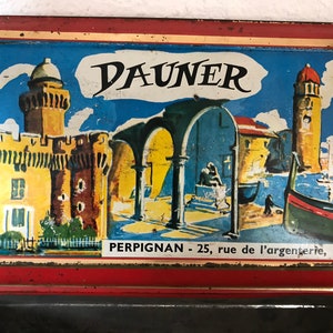 French vintage tin box , Dauner Perpignan Tourron nougat box 1960’s