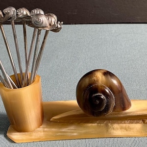 Vintage Bakellite Escargot Snail with White Metal Snail topped forks or Picks