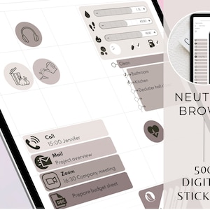 May include: A digital planner with a neutral brown color scheme. The planner includes icons for tasks, appointments, and notes. The text "NEUTRAL BROWN" and "500 DIGITAL STICKERS" is visible on the image.