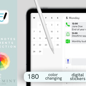 May include: A digital planner with a calendar grid and a list of tasks for the day. The tasks include a phone call with Jane Doe, a deadline appeal, and monthly budgeting. The planner also includes a color-changing digital sticker with an exclamation point.