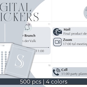 May include: A digital planner sticker set with 500 stickers in 4 colours. The stickers feature icons for various activities, such as brunch, mail, zoom meetings, and phone calls. The stickers are designed for use in digital planners and calendars.