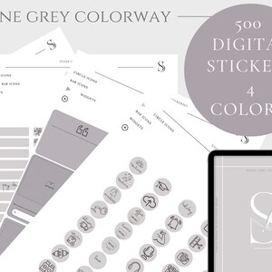 以下が含まれることがあります： 4色の500個のデジタルステッカーパック。ステッカーはストーングレーの色合いで、円、バー、ウィジェットなど、さまざまなアイコンが特徴です。画像には「STONE GREY COLORWAY」と「500 DIGITAL STICKERS 4 COLORS」のテキストが表示されています。