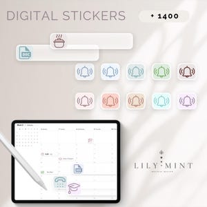 Puede incluir: Pegatinas digitales para planificadores y diarios. Las pegatinas presentan una variedad de iconos, incluyendo un documento, una olla y una campana. Las pegatinas son de varios colores, incluyendo azul, verde, rosa y morado. El texto "DIGITAL STICKERS + 1400" está en la parte superior de la imagen. El texto "LILY.MINT DIGITAL DESIGN" está en la parte inferior de la imagen.