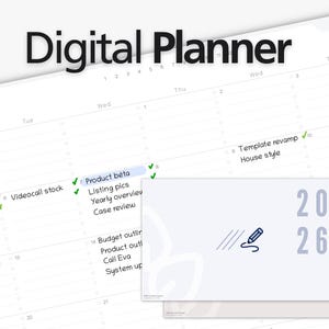 May include: A digital planner interface with a calendar layout, featuring the text "Digital Planner." The image includes a task list with checkmarks and a card displaying the year 2026. The design is clean and modern.
