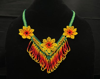 Huichol Beaded Flower Necklace Fair Trade Indigenous Jewelry Native Peyote Pattern Gift For Her Boho Wixarika