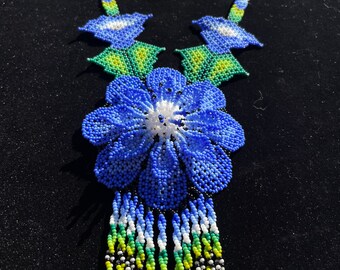 Huichol Beaded Flower Necklace Fair Trade Indigenous Jewelry Native Peyote Pattern Gift For Her Boho