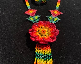 Huichol Beaded Flower Necklace Fair Trade Indigenous Jewelry Native Peyote Pattern Gift For Her Boho