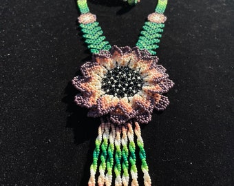 Huichol Beaded Flower Necklace Fair Trade Indigenous Jewelry Native Peyote Pattern Gift For Her Boho