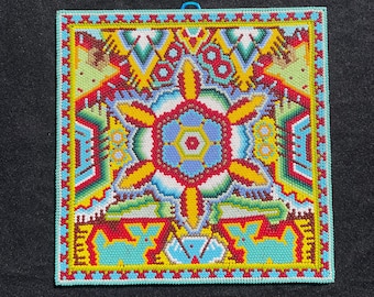 Huichol Beaded Painting Peyote Indigenous Made Fair Trade Peyote Art Native Peyote Pattern Blue Deer Kauyumari