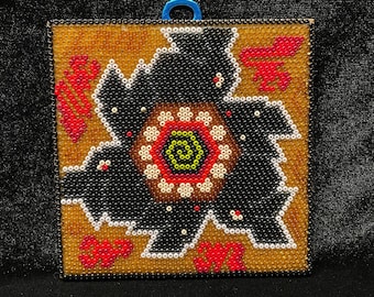 Huichol Beaded Painting Peyote Indigenous Made Fair Trade Peyote Art Native Patterns Blue Deer Kauyumari Wixarika