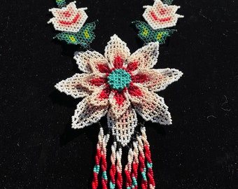 Huichol Beaded Flower Necklace Fair Trade Indigenous Jewelry Native Peyote Pattern Gift For Her Boho
