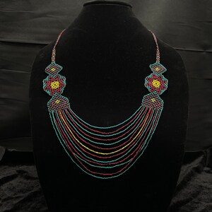 Huichol Beaded Necklace Peyote Pattern Indigenous Made Fair Trade Native Jewelry Gift for Her Kauyumari Hikuri Art Blue Deer Wixarika