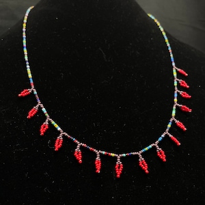 Puede incluir: Un collar de cuentas con una cuerda multicolor y cuentas rojas en forma de lágrima que cuelgan de la parte inferior.