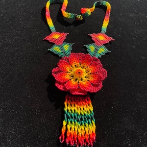 Huichol Beaded Flower Necklace Fair Trade Indigenous Jewelry Native Peyote Pattern Gift For Her Boho