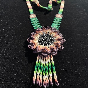 Huichol Beaded Flower Necklace Fair Trade Indigenous Jewelry Native Peyote Pattern Gift For Her Boho