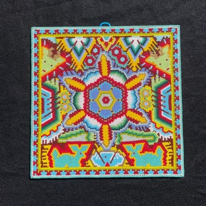 Huichol Beaded Painting Peyote Indigenous Made Fair Trade Peyote Art Native Peyote Pattern Blue Deer Kauyumari