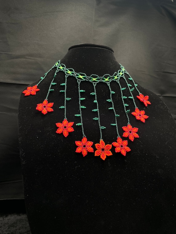 Huichol Beaded Flower Necklace Fair Trade Indigenous Jewelry Native Peyote Pattern Gift For Her Boho Wixarika